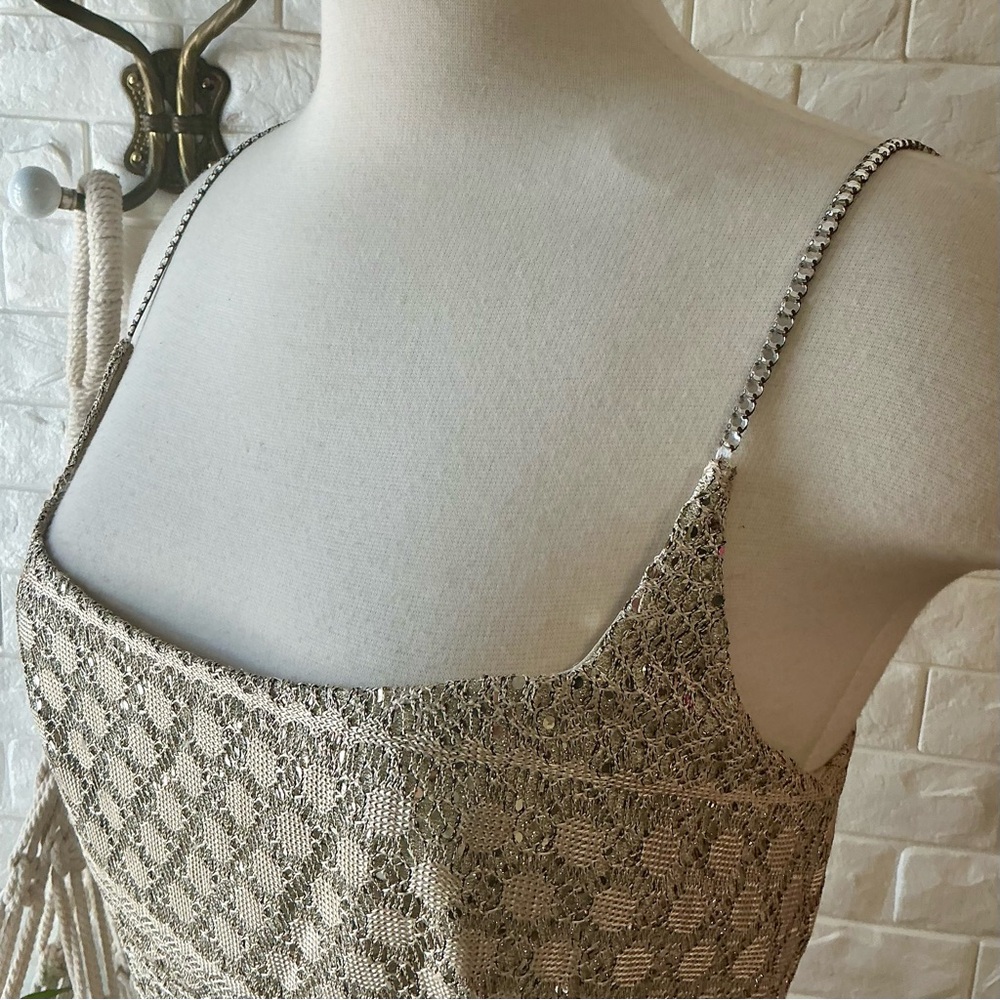 Vintage 90s Y2K Michelangelo Rhinestone Spaghetti Strap Gold Crochet Sequin Gown - Picture 7 of 14